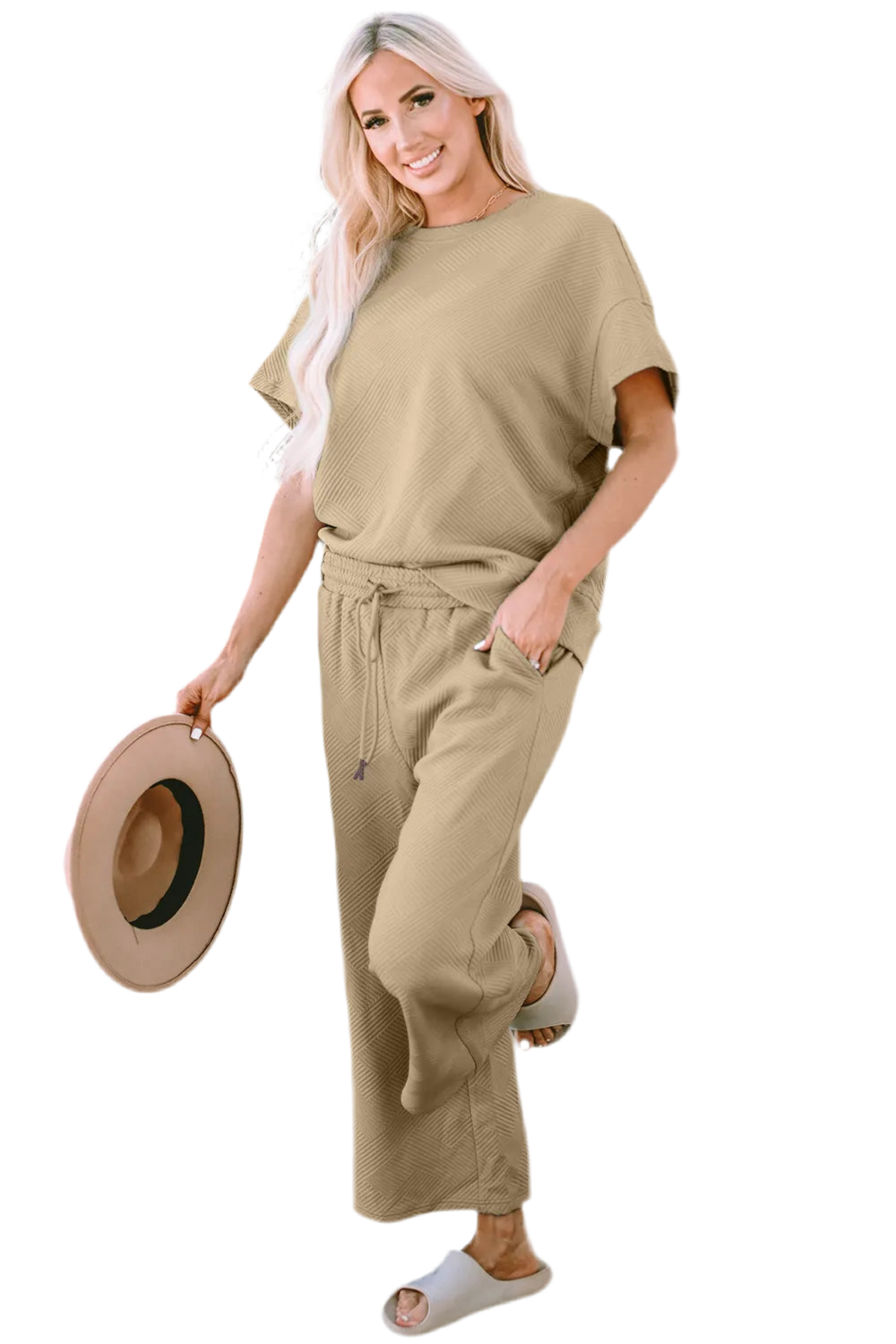 Double Take Full Size Texture Short Sleeve Top and Pants Set