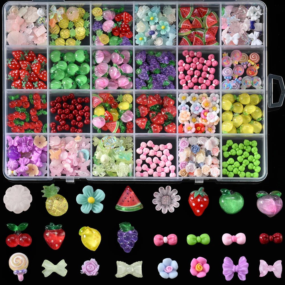 1 caja de resina colorida fruta/flor Nail Art Charms Set lindo melocotón, fresa, cereza, lazo flor verano uñas gemas decoración artística de uñas - VibraStore