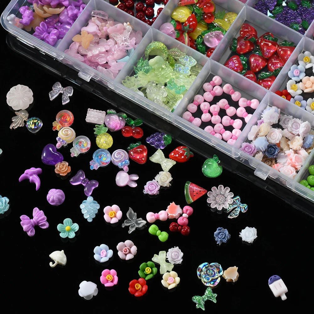 1 caja de resina colorida fruta/flor Nail Art Charms Set lindo melocotón, fresa, cereza, lazo flor verano uñas gemas decoración artística de uñas - VibraStore
