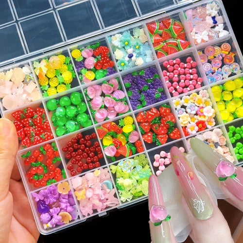 1 caja de resina colorida fruta/flor Nail Art Charms Set lindo melocotón, fresa, cereza, lazo flor verano uñas gemas decoración artística de uñas - VibraStore
