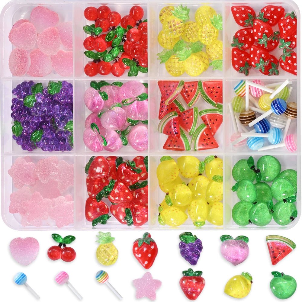 1 caja de resina colorida fruta/flor Nail Art Charms Set lindo melocotón, fresa, cereza, lazo flor verano uñas gemas decoración artística de uñas - VibraStore