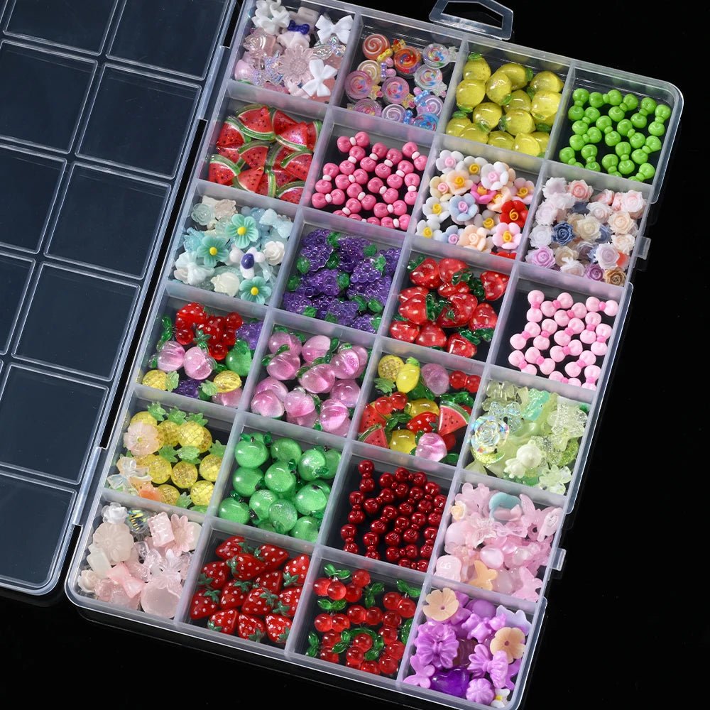 1 caja de resina colorida fruta/flor Nail Art Charms Set lindo melocotón, fresa, cereza, lazo flor verano uñas gemas decoración artística de uñas - VibraStore