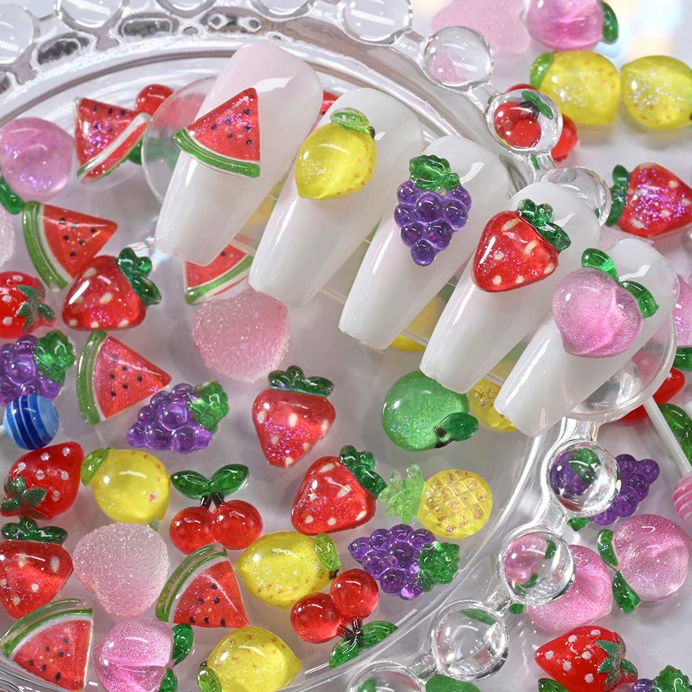 1 caja de resina colorida fruta/flor Nail Art Charms Set lindo melocotón, fresa, cereza, lazo flor verano uñas gemas decoración artística de uñas - VibraStore