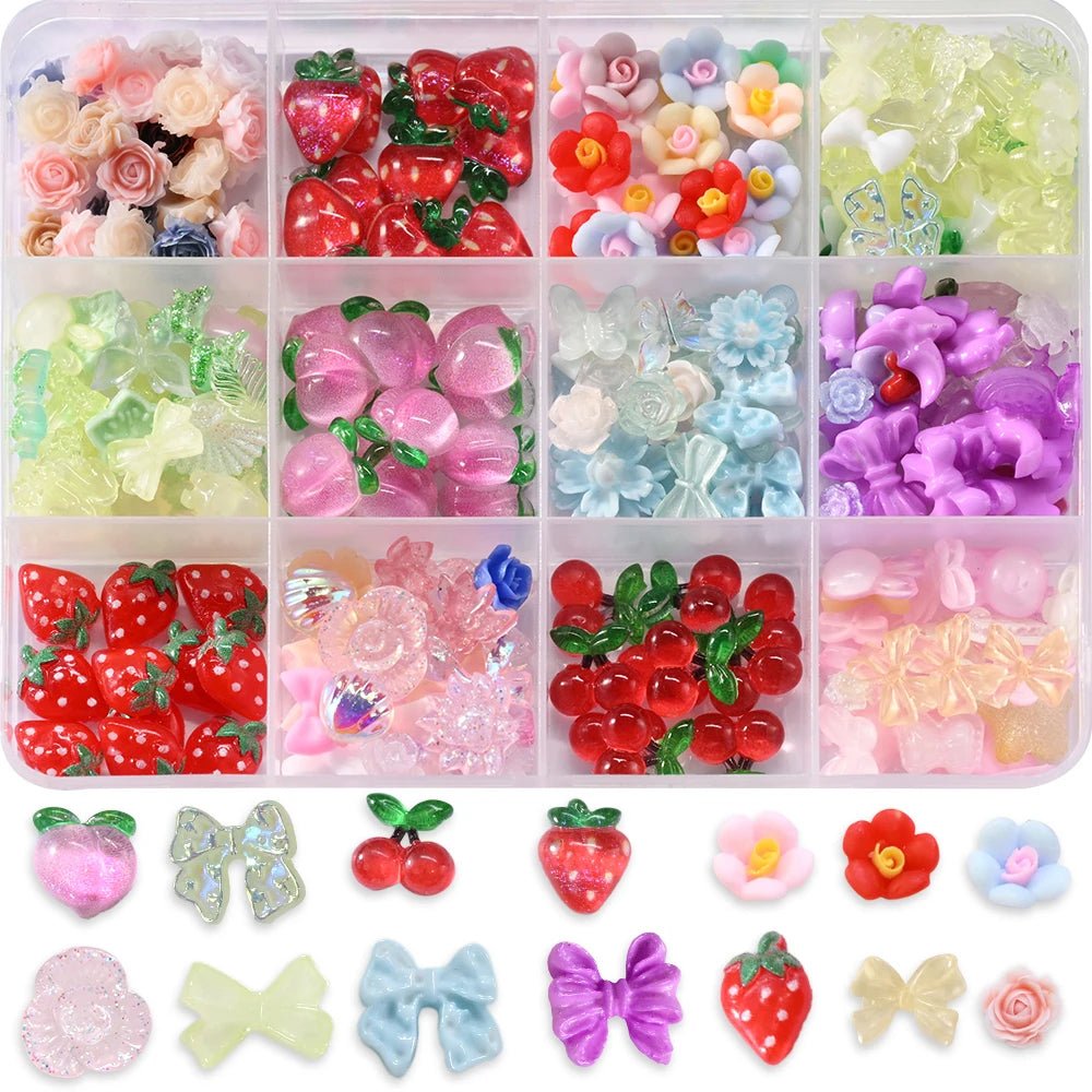 1 caja de resina colorida fruta/flor Nail Art Charms Set lindo melocotón, fresa, cereza, lazo flor verano uñas gemas decoración artística de uñas - VibraStore