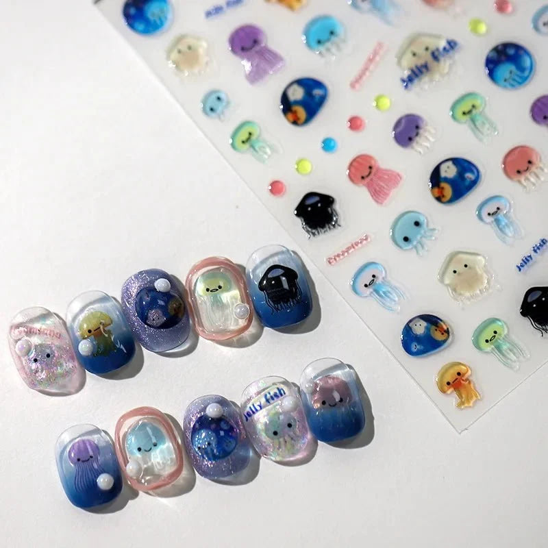 1 Uds. 5D Kawaii Jelly Fish pegatinas para decoración de uñas, pegatinas adhesivas de medusas azules para decoración de uñas, accesorios de calcomanías para manicura 3D - VibraStore