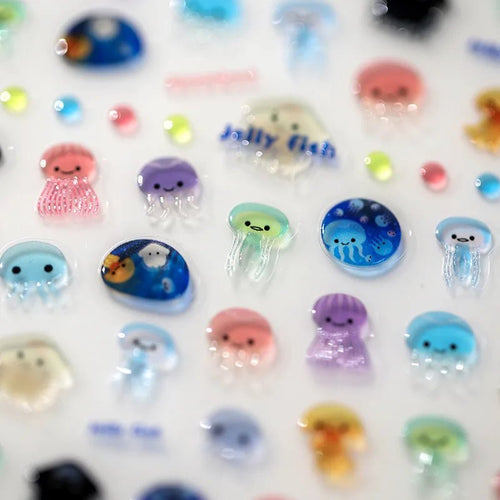 1 Uds. 5D Kawaii Jelly Fish pegatinas para decoración de uñas, pegatinas adhesivas de medusas azules para decoración de uñas, accesorios de calcomanías para manicura 3D - VibraStore