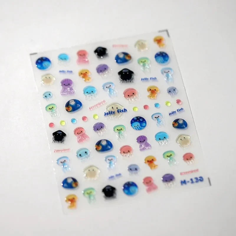 1 Uds. 5D Kawaii Jelly Fish pegatinas para decoración de uñas, pegatinas adhesivas de medusas azules para decoración de uñas, accesorios de calcomanías para manicura 3D - VibraStore