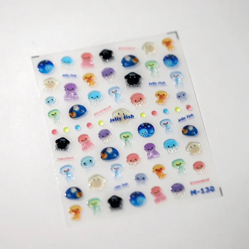 1 Uds. 5D Kawaii Jelly Fish pegatinas para decoración de uñas, pegatinas adhesivas de medusas azules para decoración de uñas, accesorios de calcomanías para manicura 3D - VibraStore