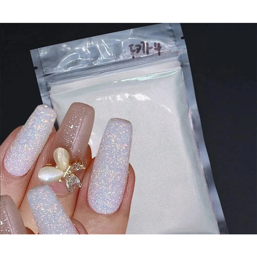 10g 0,2mm brillo blanco Arco Iris brillo de uñas en polvo holográfico brillante azúcar diamante caramelo abrigo polvo de uñas decoraciones artísticas - VibraStore