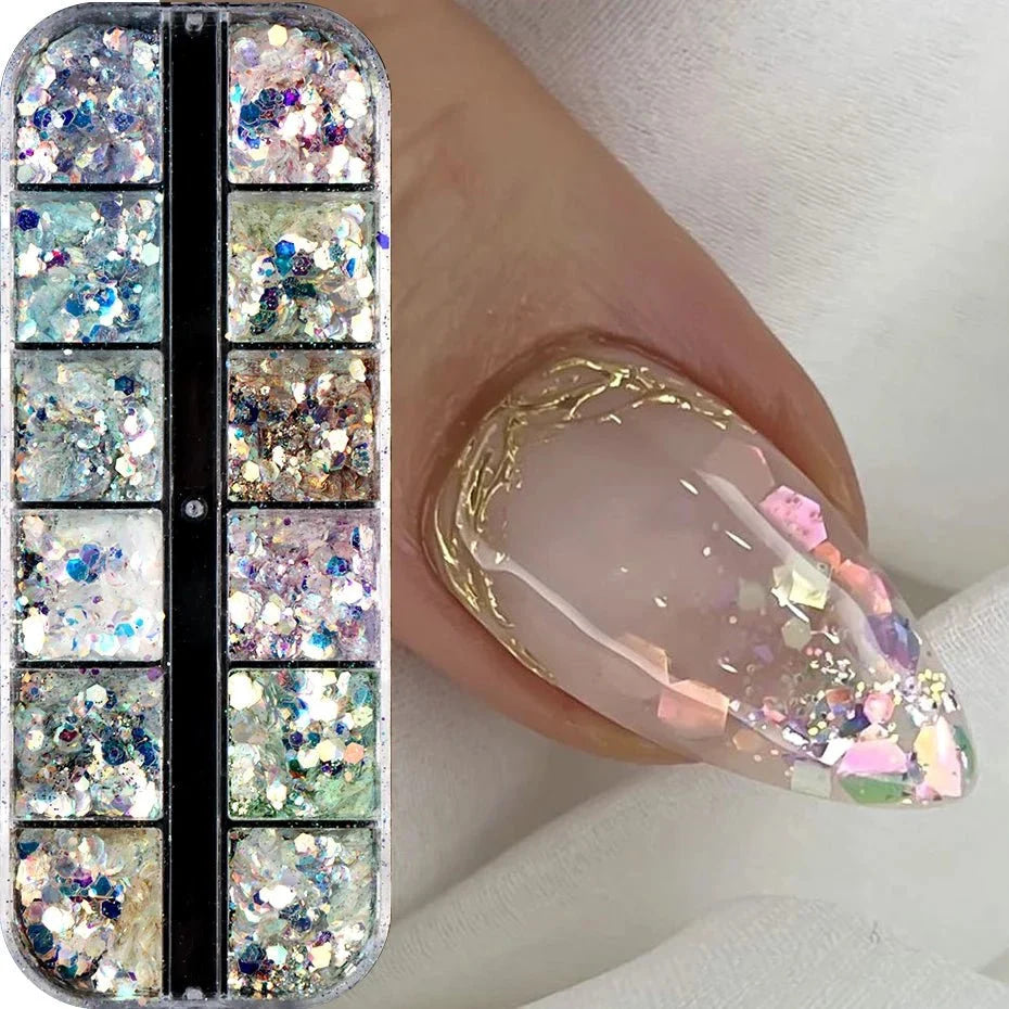 12 rejillas brillantes de sirena hexagonal para decoración de uñas, lentejuelas brillantes, espejo holográfico, escamas de polvo para uñas, decoración para manicura - VibraStore