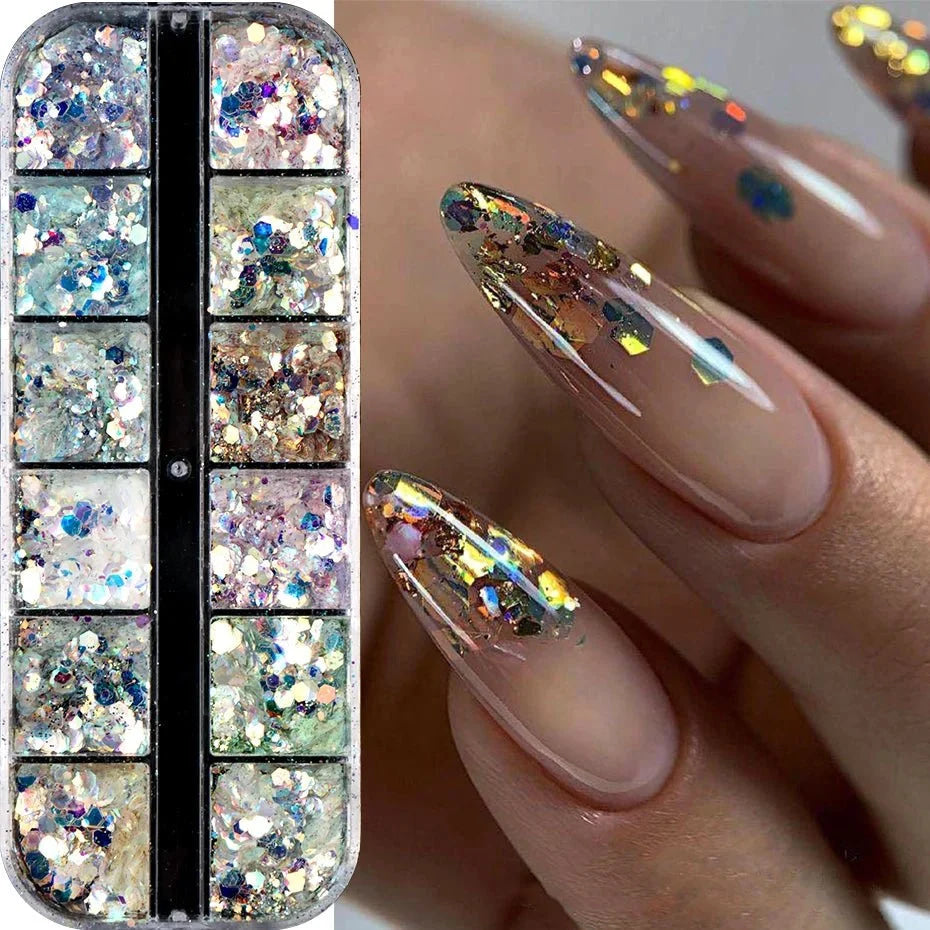 12 rejillas brillantes de sirena hexagonal para decoración de uñas, lentejuelas brillantes, espejo holográfico, escamas de polvo para uñas, decoración para manicura - VibraStore
