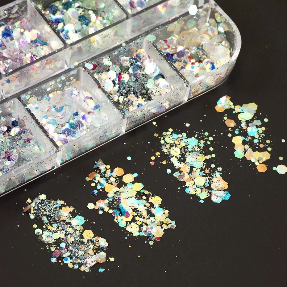 12 rejillas brillantes de sirena hexagonal para decoración de uñas, lentejuelas brillantes, espejo holográfico, escamas de polvo para uñas, decoración para manicura - VibraStore
