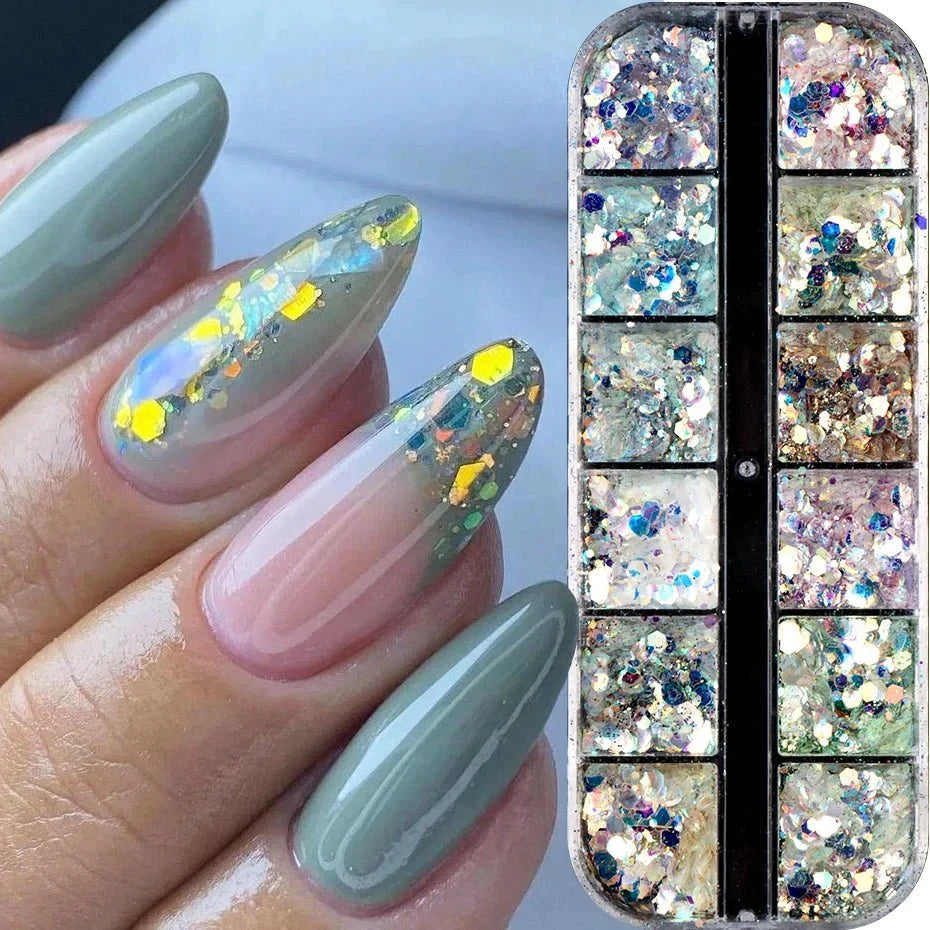12 rejillas brillantes de sirena hexagonal para decoración de uñas, lentejuelas brillantes, espejo holográfico, escamas de polvo para uñas, decoración para manicura - VibraStore