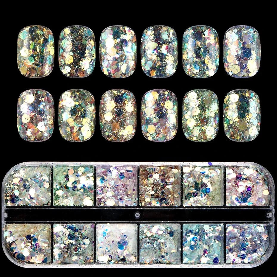 12 rejillas brillantes de sirena hexagonal para decoración de uñas, lentejuelas brillantes, espejo holográfico, escamas de polvo para uñas, decoración para manicura - VibraStore