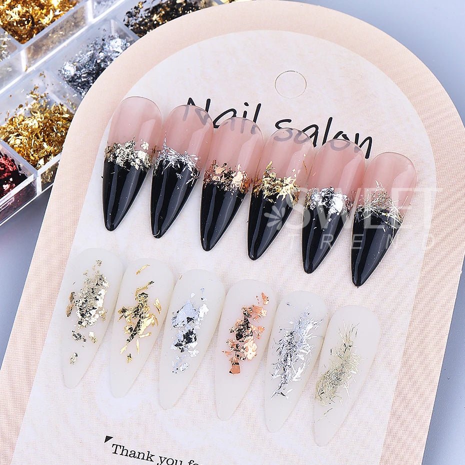 12 rejillas doradas y plateadas, láminas irregulares para uñas, purpurina de Metal para uñas, hoja de brillo de aluminio Y2K, herramientas de decoración de manicura en polvo de Metal - VibraStore