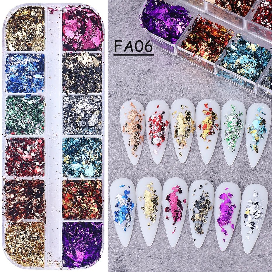 12 rejillas doradas y plateadas, láminas irregulares para uñas, purpurina de Metal para uñas, hoja de brillo de aluminio Y2K, herramientas de decoración de manicura en polvo de Metal - VibraStore