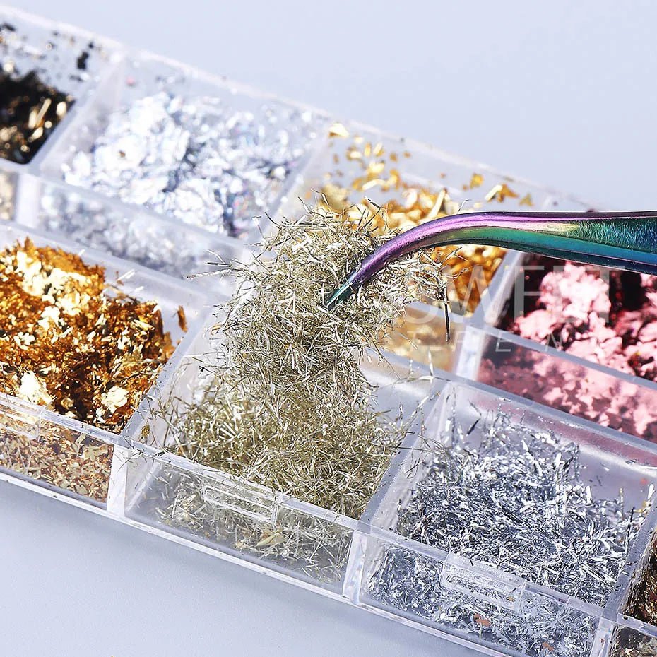 12 rejillas doradas y plateadas, láminas irregulares para uñas, purpurina de Metal para uñas, hoja de brillo de aluminio Y2K, herramientas de decoración de manicura en polvo de Metal - VibraStore