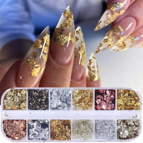 12 rejillas doradas y plateadas, láminas irregulares para uñas, purpurina de Metal para uñas, hoja de brillo de aluminio Y2K, herramientas de decoración de manicura en polvo de Metal - VibraStore