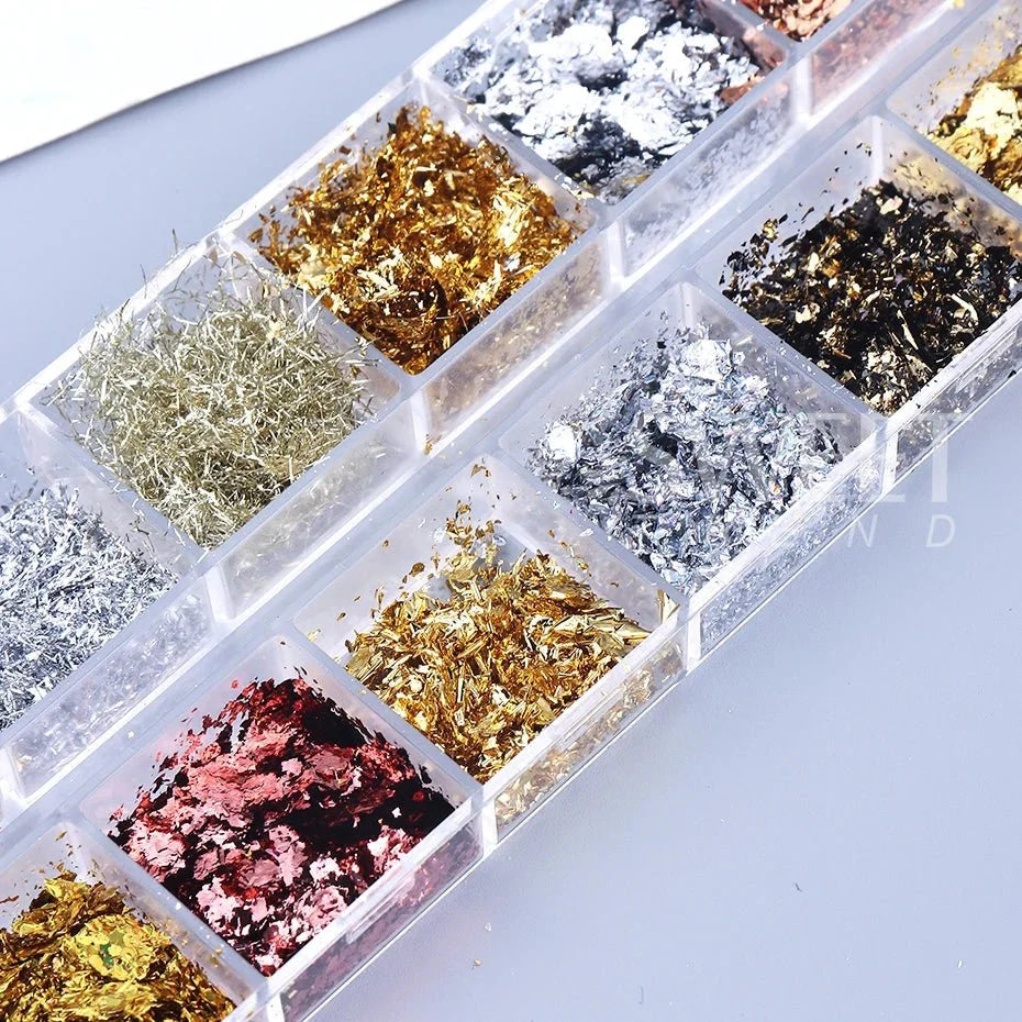 12 rejillas doradas y plateadas, láminas irregulares para uñas, purpurina de Metal para uñas, hoja de brillo de aluminio Y2K, herramientas de decoración de manicura en polvo de Metal - VibraStore