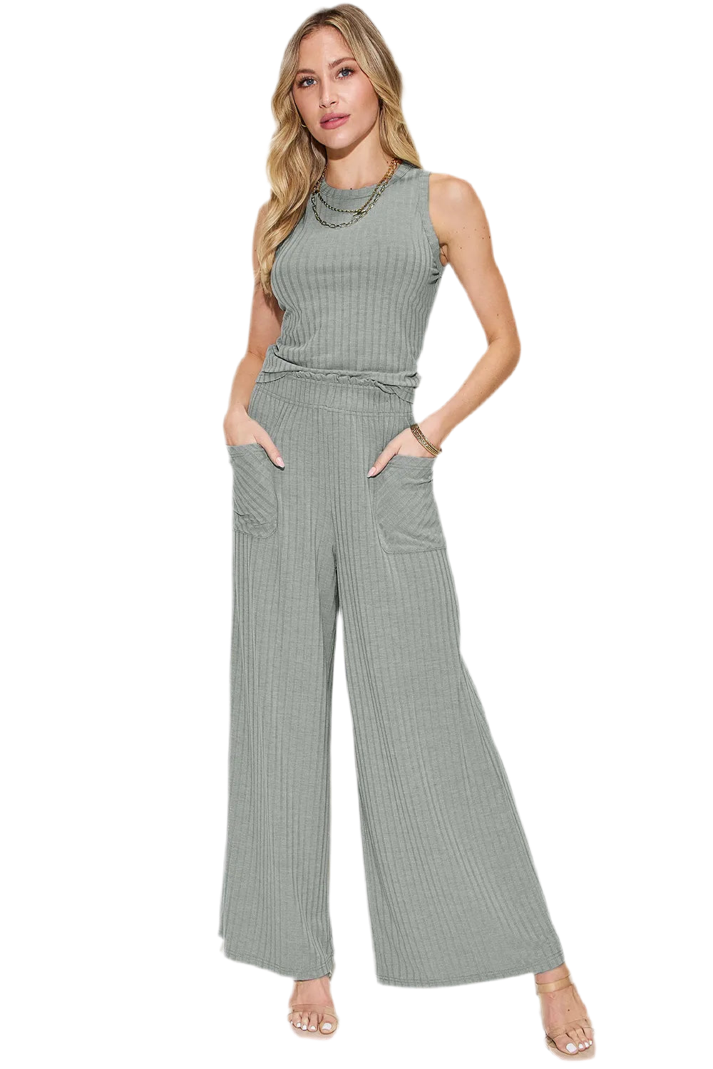 Basic Bae Full Size Ribbed Tank and Wide Leg Pants Set