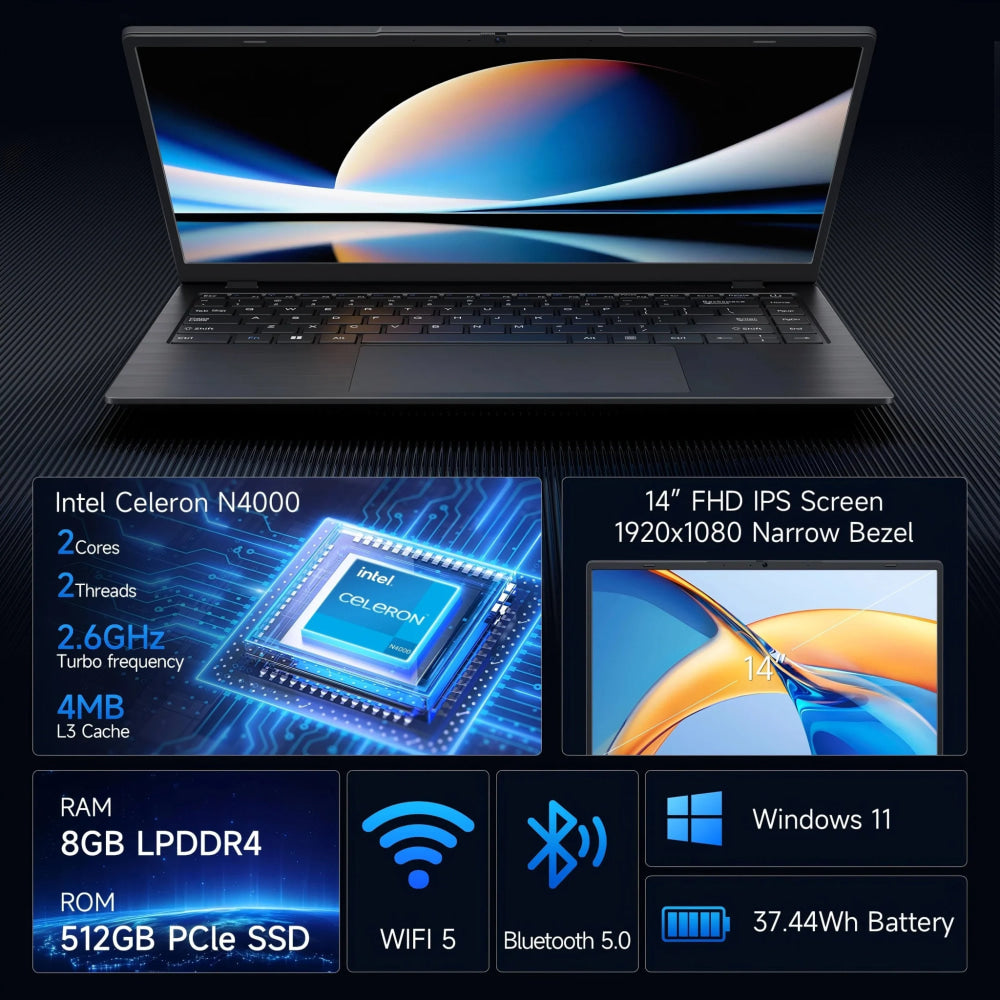 14 Inch Windows 11 Laptops New N4000 2.6Ghz 8GB RAM 512GB ROM Notbook Pc Computer Laptop - VibraStore
