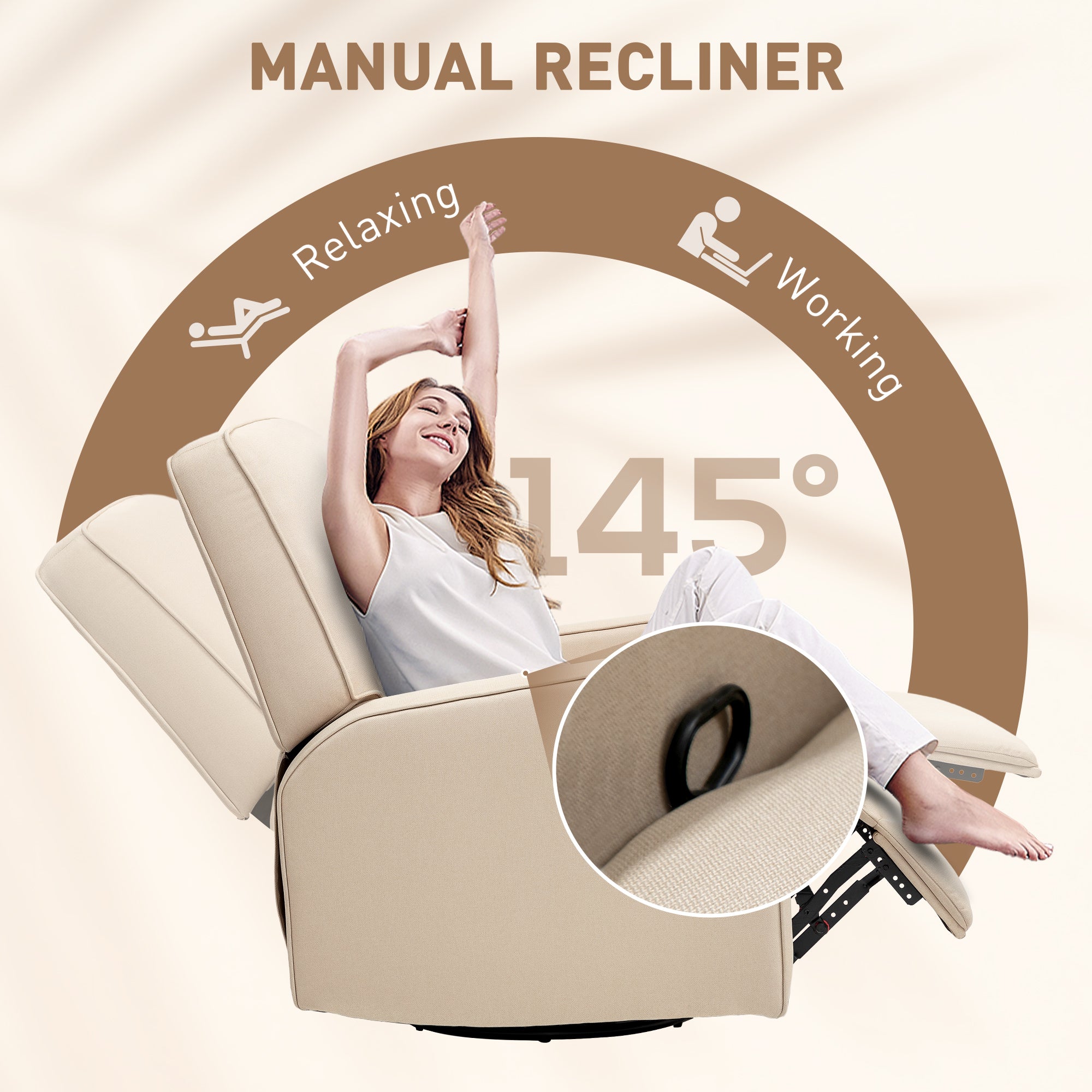Manual Recliner Chair for Adults with Thick Cushion, Breathable Fabric Glider Rocking Chair for Living Room, Beige