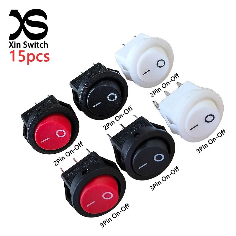 15Pcs Kcd11 Small Rocker Boat Shaped Power Switch Upper Circular And Lower Square 2/3 - Pin Two Level Electronic On - Off 15mm Hole - VibraStore