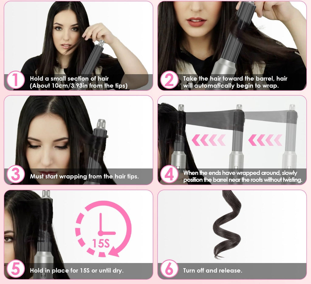 1Pc 6 In 1 Air Styler Volumizer Straightener Curler Dryer Automatic Wrap Styler Hair Dryer Brush Set With 3 Temp Settings ALCI Plug Glove Cable Zip Tie - VibraStore