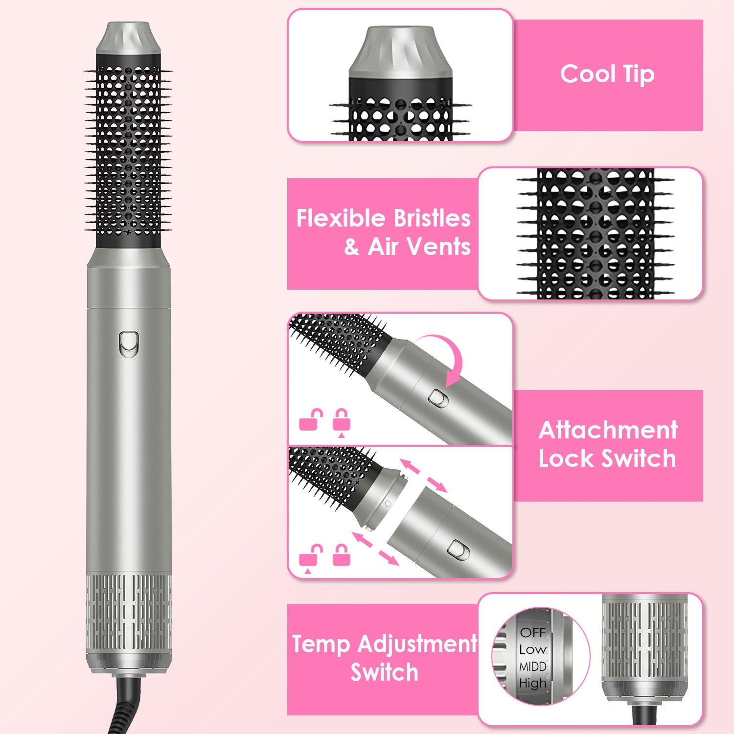 1Pc 6 In 1 Air Styler Volumizer Straightener Curler Dryer Automatic Wrap Styler Hair Dryer Brush Set With 3 Temp Settings ALCI Plug Glove Cable Zip Tie - VibraStore
