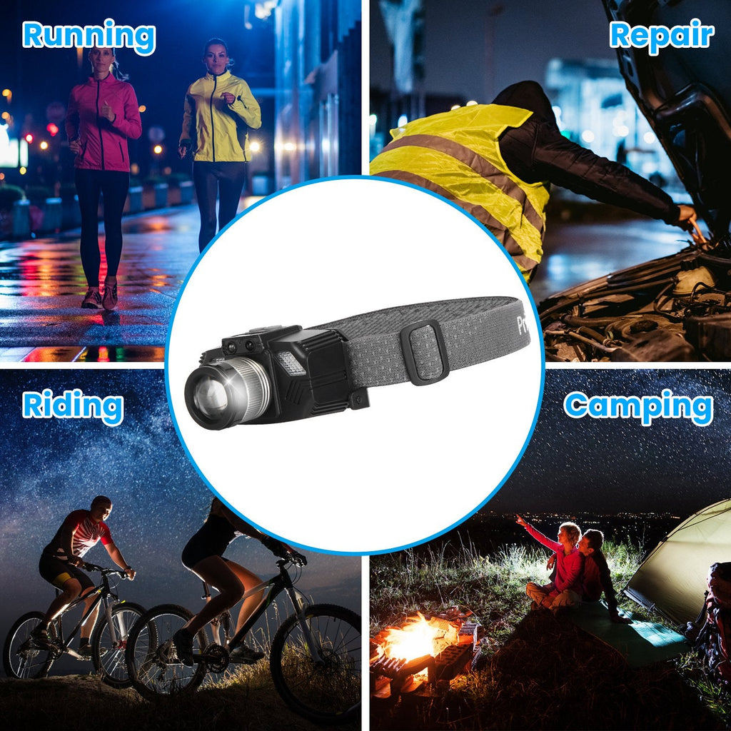 1Pc Motion Sensor LED Headlamp Zoomable Headlamp Flashlight Waterproof Outdoor Emergency Headlight With 3 Lighting Modes - VibraStore