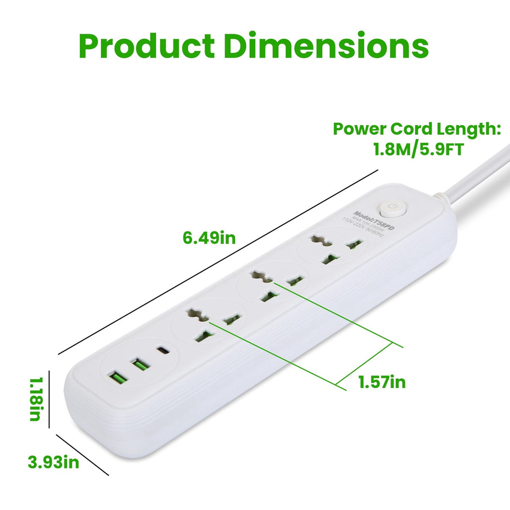 1Pc Power Strip With 6FT Extension Cord 3 AC Outlets And 2 USB A Ports 1 USB C Port 2500W Wall Mount Outlet Extender For Home Office Dorm Travel - VibraStore