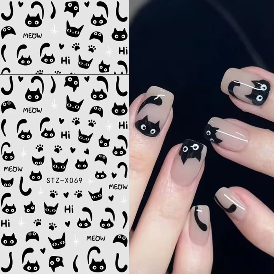 2 uds 3D Kawaii pegatinas de gato negro para uñas encantador Graffiti gato autoadhesivo deslizadores de uñas Halloween cola de gato decoración artística de uñas - VibraStore
