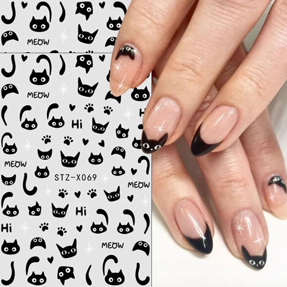 2 uds 3D Kawaii pegatinas de gato negro para uñas encantador Graffiti gato autoadhesivo deslizadores de uñas Halloween cola de gato decoración artística de uñas - VibraStore
