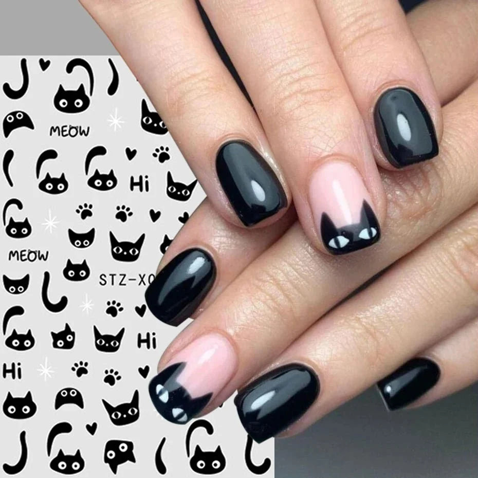 2 uds 3D Kawaii pegatinas de gato negro para uñas encantador Graffiti gato autoadhesivo deslizadores de uñas Halloween cola de gato decoración artística de uñas - VibraStore