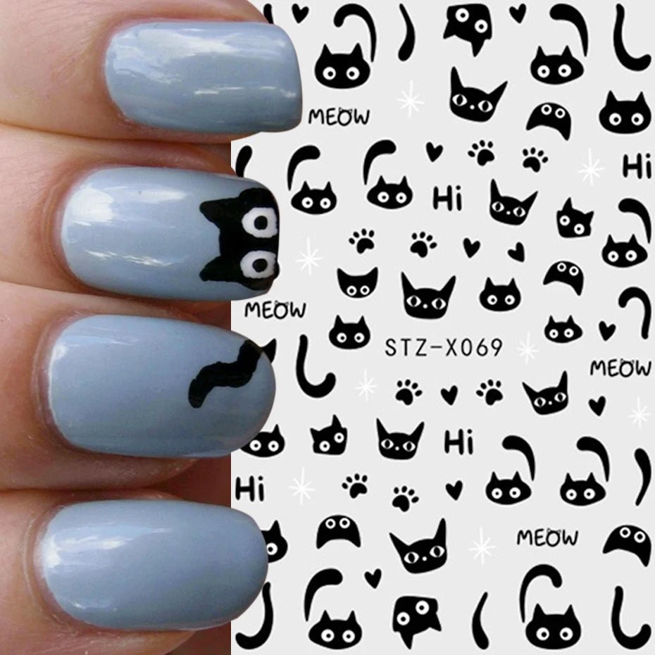 2 uds 3D Kawaii pegatinas de gato negro para uñas encantador Graffiti gato autoadhesivo deslizadores de uñas Halloween cola de gato decoración artística de uñas - VibraStore