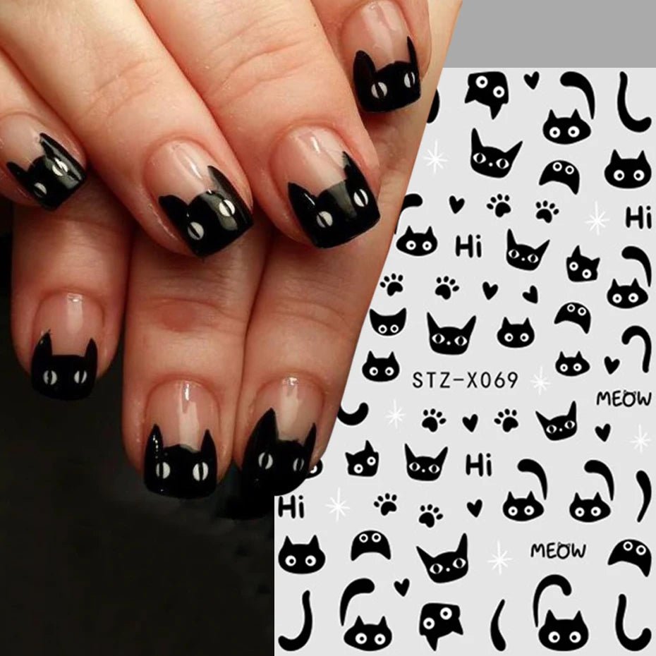 2 uds 3D Kawaii pegatinas de gato negro para uñas encantador Graffiti gato autoadhesivo deslizadores de uñas Halloween cola de gato decoración artística de uñas - VibraStore