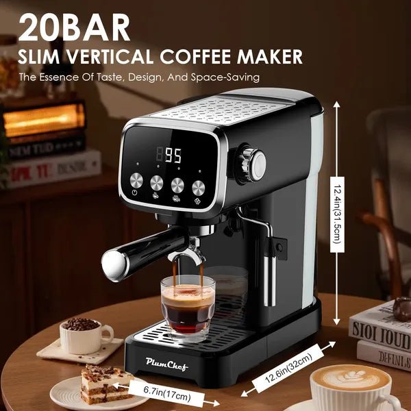 20 BAR Slim Vertical Espresso Machine With Milk Frother, Built - in Cup Warmer, 43 OZ Detachable Tank, For Rich Espresso, Americano, Latte, Compact Space - Saving Design, Screen Button, Black - VibraStore