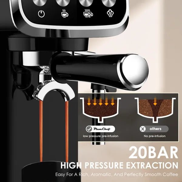 20 BAR Slim Vertical Espresso Machine With Milk Frother, Built - in Cup Warmer, 43 OZ Detachable Tank, For Rich Espresso, Americano, Latte, Compact Space - Saving Design, Screen Button, Black - VibraStore
