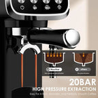 20 BAR Slim Vertical Espresso Machine With Milk Frother, Built - in Cup Warmer, 43 OZ Detachable Tank, For Rich Espresso, Americano, Latte, Compact Space - Saving Design, Screen Button, Black - VibraStore