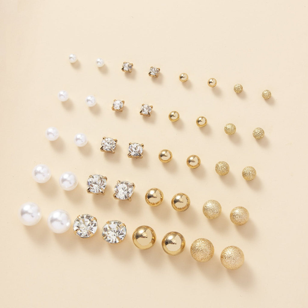 20 Pairs Simple Multi - Size Stud Earrings Set | Zinc Alloy and Glass, Suitable for Daily and Gift Giving Occasions, Perfect for All Seasons - VibraStore