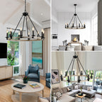 32  Rustic Farmhouse 10-Light Candle Chandelier, Black Metal And Wood Round Hanging Light Fixture For Dining Room, Kitchen, Living Room, Adjustable Height, E12 Bulb Base  No Bulbs