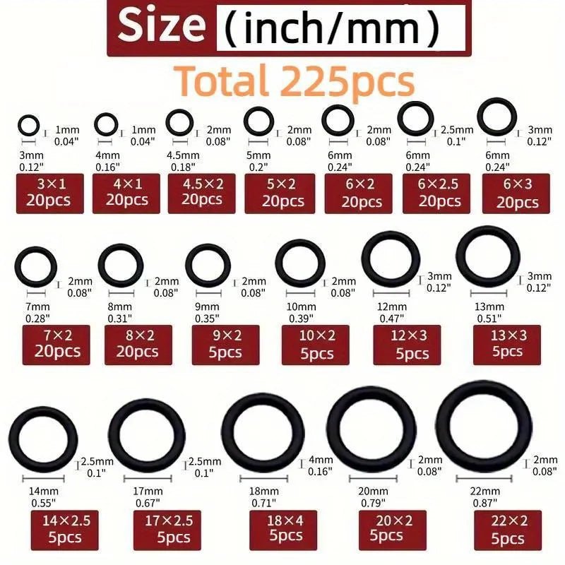 225pcs O - Ring Kit: Durable Rubber Seals for Automotive & Machinery, Ideal for Plumbing - Oil & Water Resistant, Assorted Sizes - VibraStore