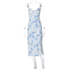 Lace Flowers Print Long Dress Sexy Fashion Slit Suspender Dress Summer Womens Clothing