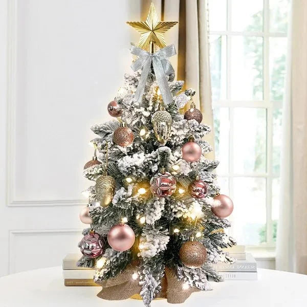 22in Tabletop Christmas Tree With Light Artificial Small Mini Red Christmas Decoration With Flocked Snow, Exquisite Decor & Xmas Ornaments For Table Top For Home & Office, Red - VibraStore