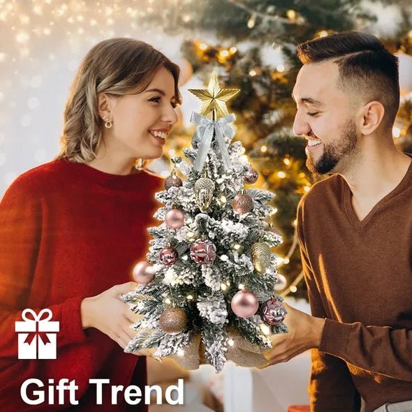 22in Tabletop Christmas Tree With Light Artificial Small Mini Red Christmas Decoration With Flocked Snow, Exquisite Decor & Xmas Ornaments For Table Top For Home & Office, Red - VibraStore