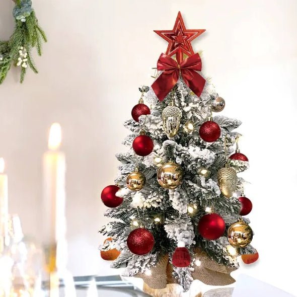 22in Tabletop Christmas Tree With Light Artificial Small Mini Red Christmas Decoration With Flocked Snow, Exquisite Decor & Xmas Ornaments For Table Top For Home & Office, Red - VibraStore
