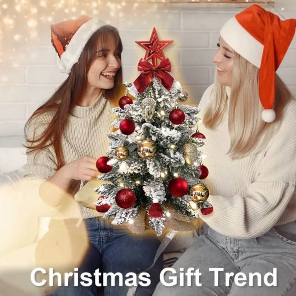 22in Tabletop Christmas Tree With Light Artificial Small Mini Red Christmas Decoration With Flocked Snow, Exquisite Decor & Xmas Ornaments For Table Top For Home & Office, Red - VibraStore