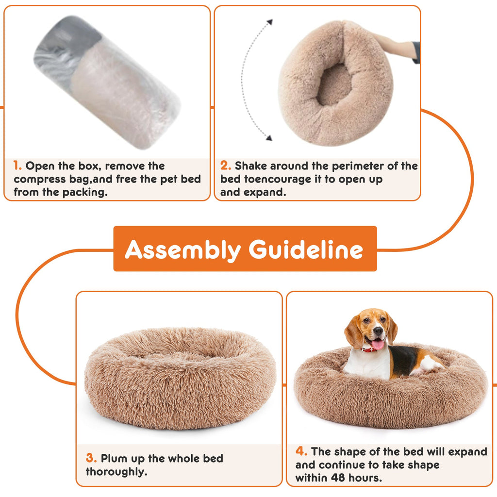 24 Inch Anti - Slip Round Fluffy Plush Faux Fur Cat Bed, Fits Up To 25 Lbs Pets - VibraStore