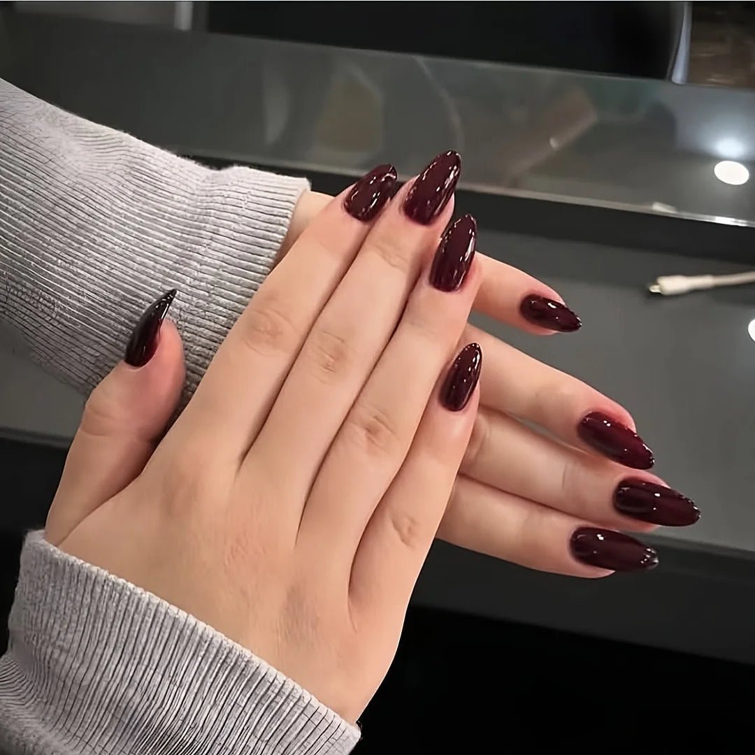 24 Uds. Prensa de uñas de color rojo oscuro, uñas postizas de almendra media, sangre roja intenso, corta, de tacón alto, uñas postizas ovaladas acrílicas reutilizables - VibraStore