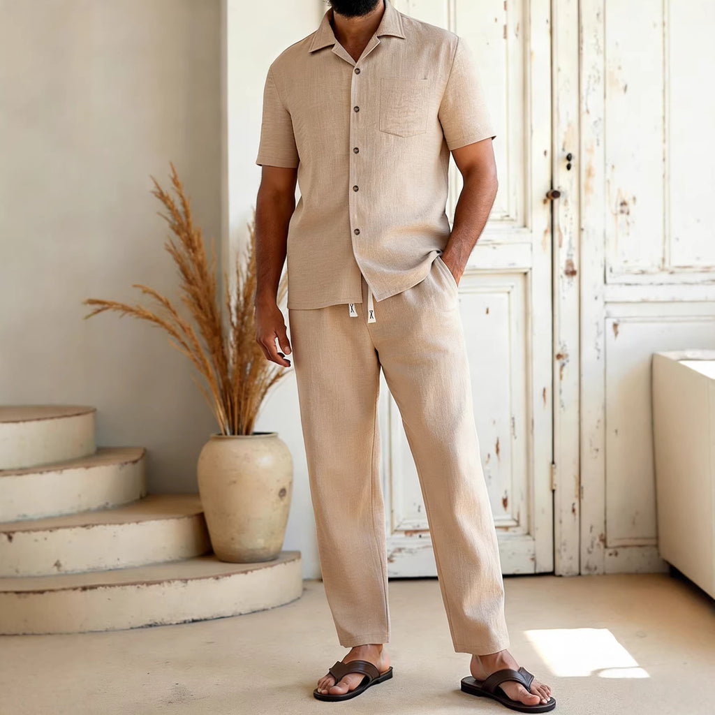 Mens Solid-Colored Lapel Casual Shirt And Pants Set